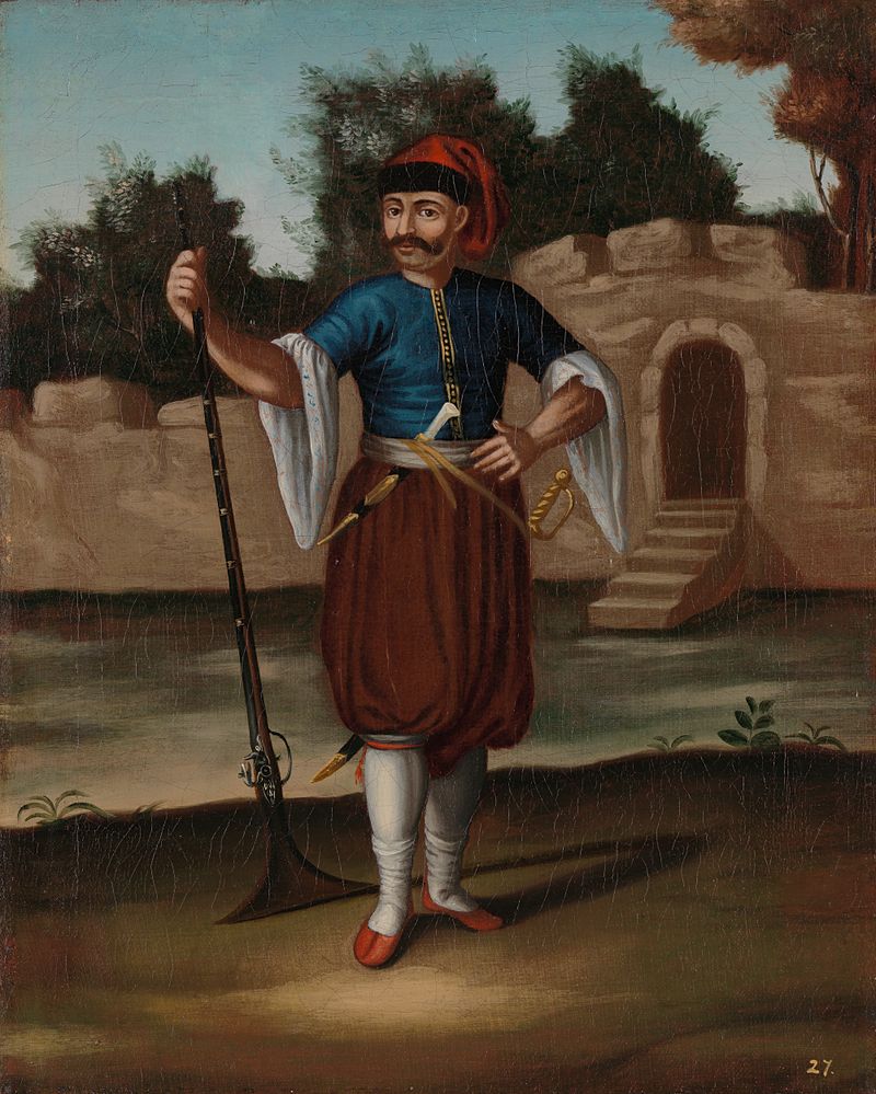 Portrait of an Albanian soldier in oil on canvas by Jean Baptiste Vanmour