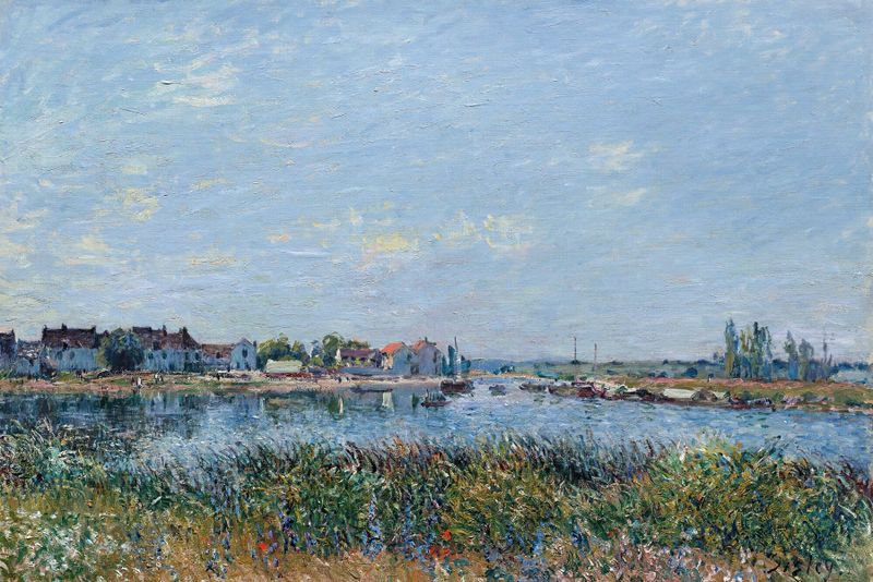 Saint-Mammès, Le Matin by Alfred Sisley, oil on canvas depicting a tranquil river at dawn.