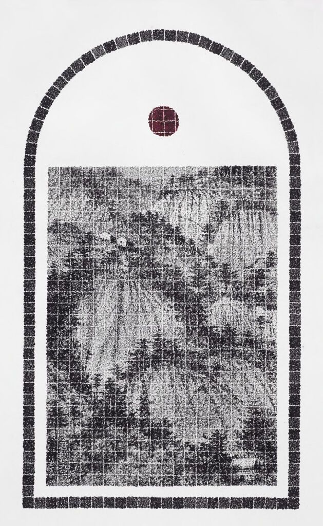 Paisaje de colinas onduladas con árboles, tinta sobre papel de Lee Chun-Yi
