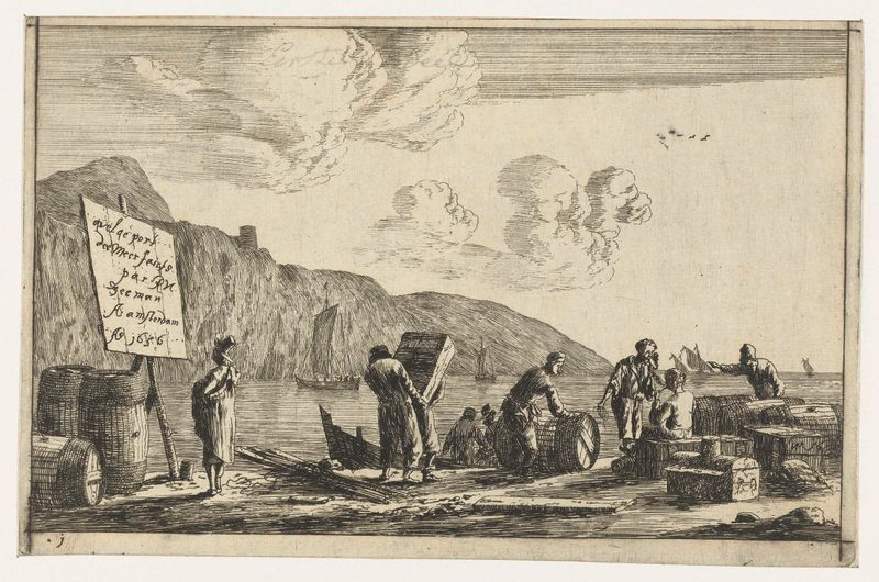 Harbor scene with fishermen and boats, etching by Reinier Nooms