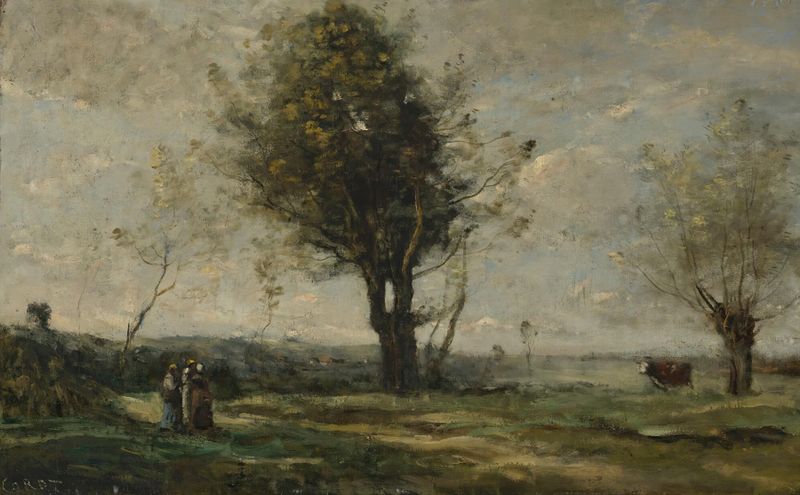 Cena de gênero com figuras ao longo de um caminho em uma floresta, óleo de Jean-Baptiste-Camille Corot.