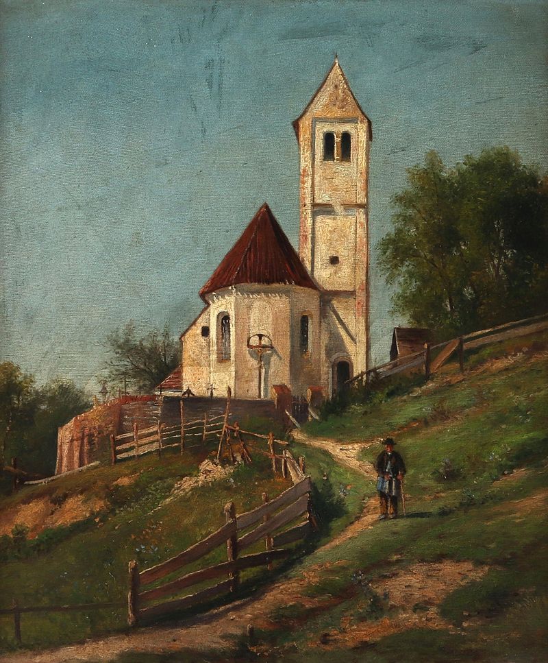 Dorfkirche by Ernestine von Kirchsberg, oil on canvas depicting a church in a serene landscape.