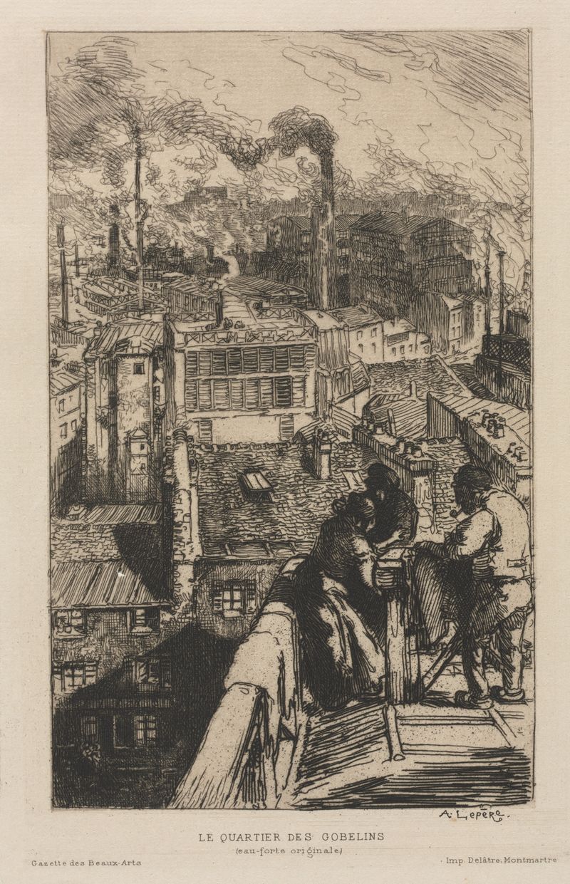 El Barrio de Gobelinos, óleo de Auguste Louis Lepère que muestra una animada escena callejera parisina.