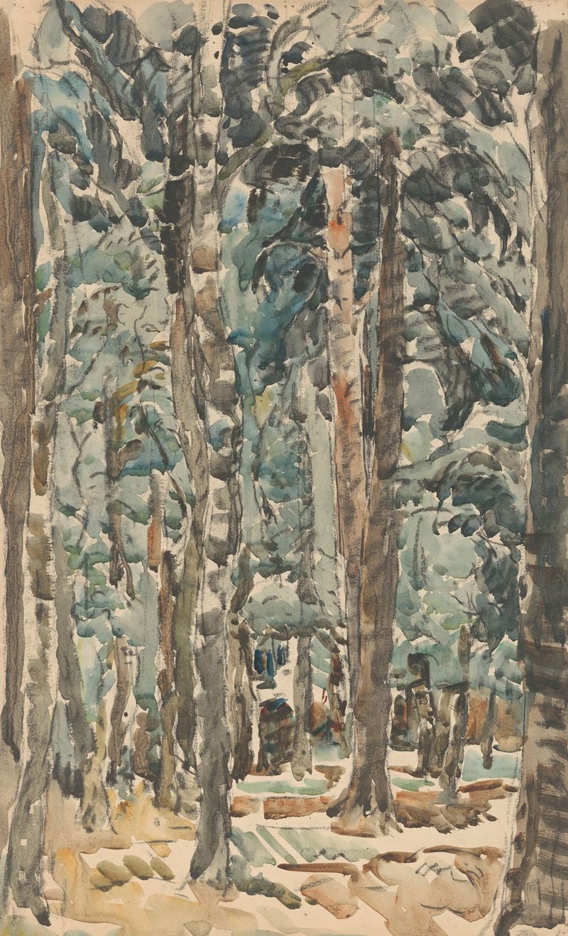 Bosgezicht by Wilhelmus Johannes Steenhoff, oil on canvas depicting a serene forest landscape
