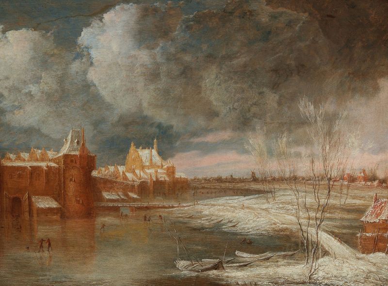 Paisaje invernal cerca de Rotterdam con Hofpoort, pintura al óleo de Adriaen Jansz. van Nuys