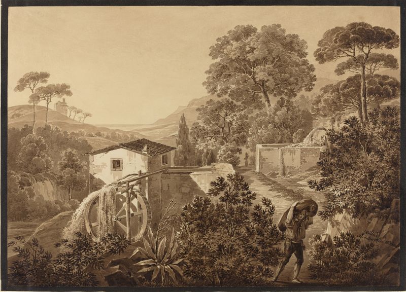 Italian Landscape with a Watermill de Hélène Boutourlin, pintura a óleo que retrata um sereno moinho de água e rio.