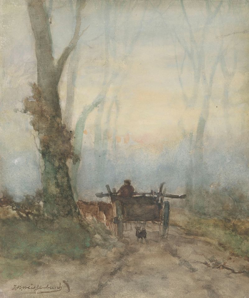 Landscape with a rustic cart on a path, oil painting by Johan Hendrik Weissenbruch