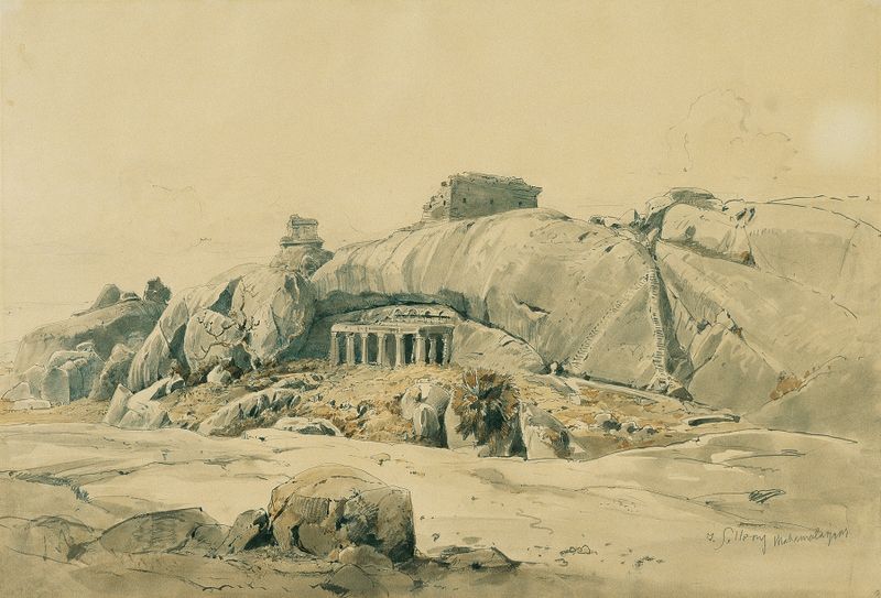 Felsentempel von Mamallapuram by Joseph Selleny, oil painting depicting ancient stone architecture