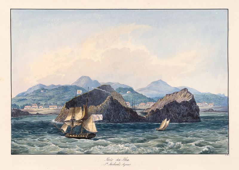 Porto da Ilha, St. Michaels, Azores por Charles Hamilton Smith, aquarela sobre papel