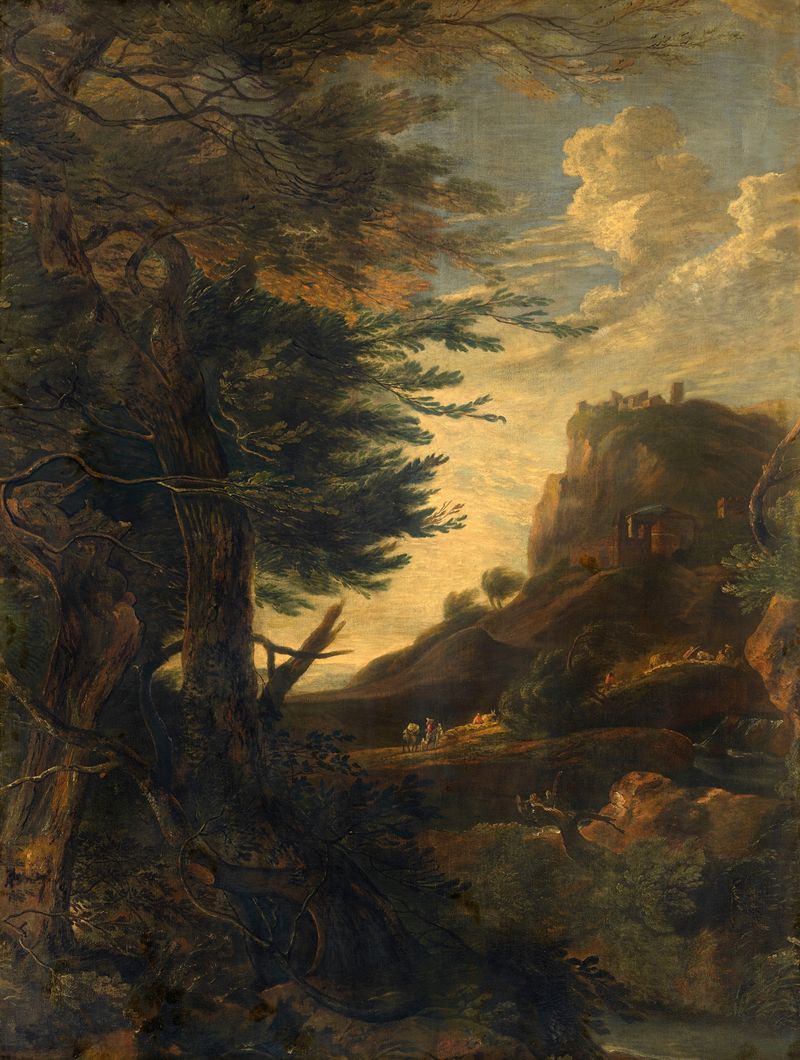 Paisagem de Pieter Rijsbraeck, pintura a óleo que retrata um prado exuberante e a natureza.