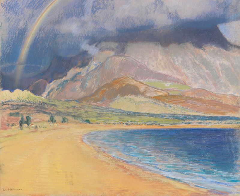 Landscape oil painting by Ludwig von Hofmann featuring horizon and interplay of light and color.