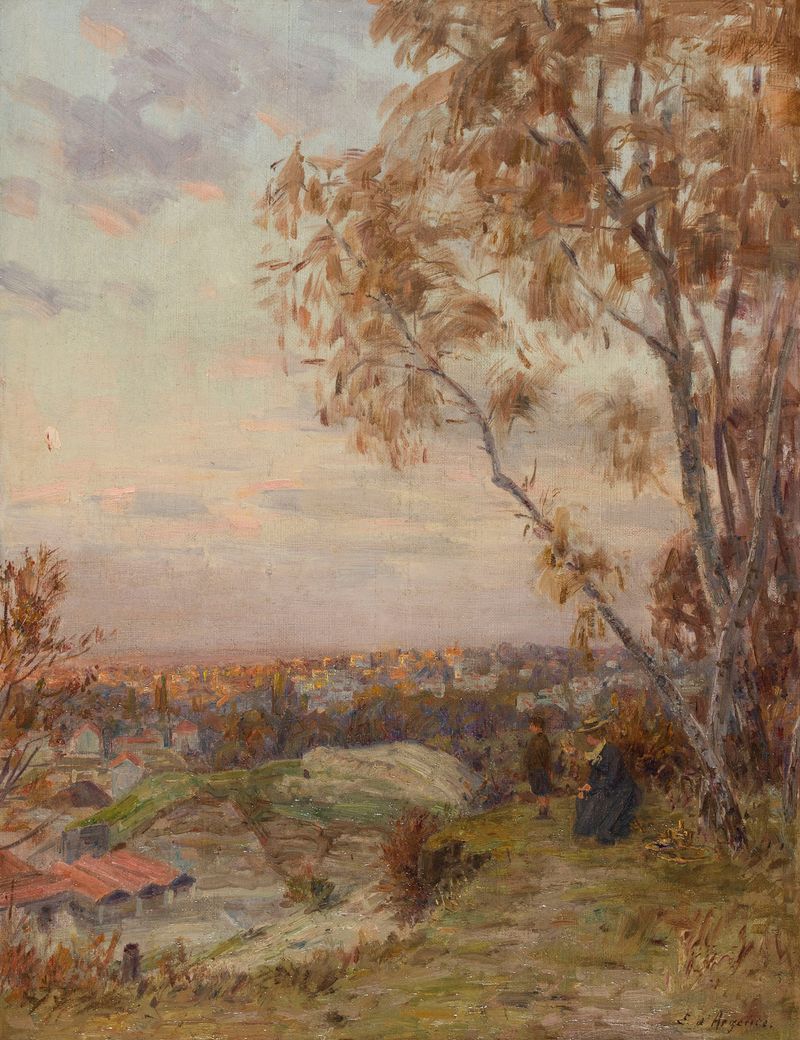 Pintura de paisagem a óleo de Eugène d'Argence com colinas suaves e um céu azul.