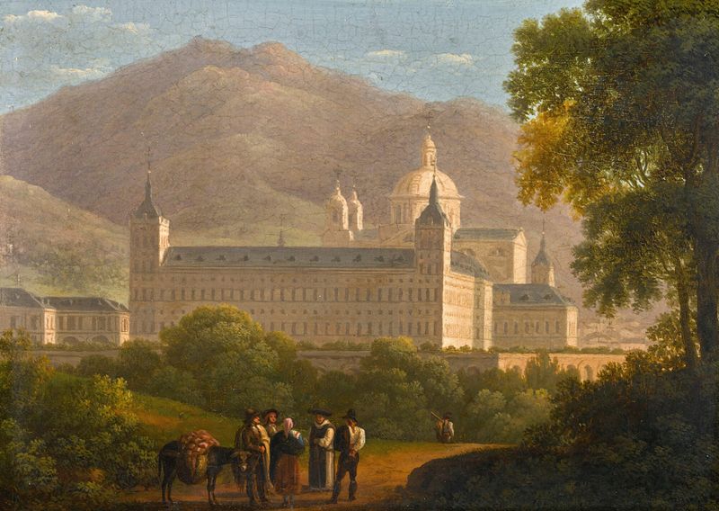The Escorial by Giuseppe Canella, oil on canvas, depicting architecture with sunlight and intricate stonework.