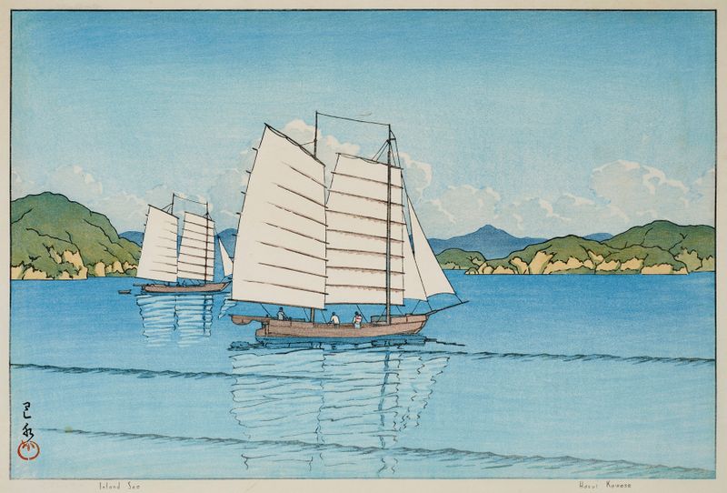 Ukiyo-e de Inland Sea por Kawase Hasui, retratando suaves ondas e luz suave.