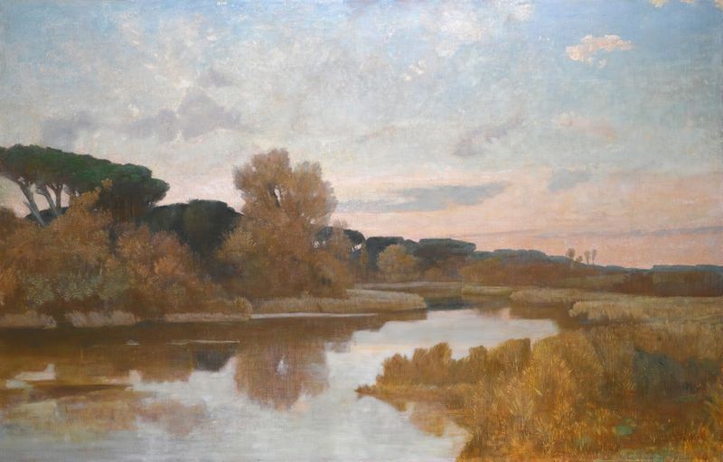 Castel Fusano by Giovanni Costa, depicting a landscape with a path and serene waters, oil painting.
