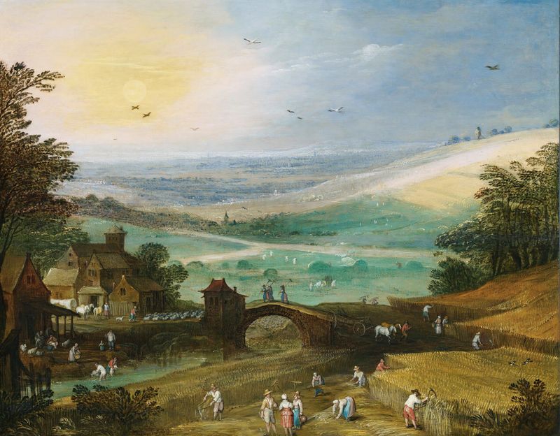 Un paisaje de verano con figuras recogiendo cultivos, óleo sobre panel de Joos de Momper.
