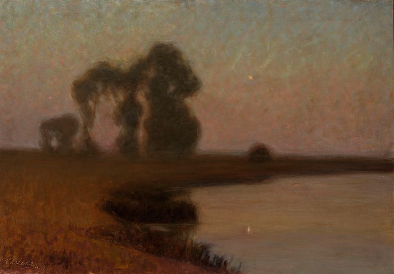 Landscape at dawn with soft hues, oil painting by Karol Biske