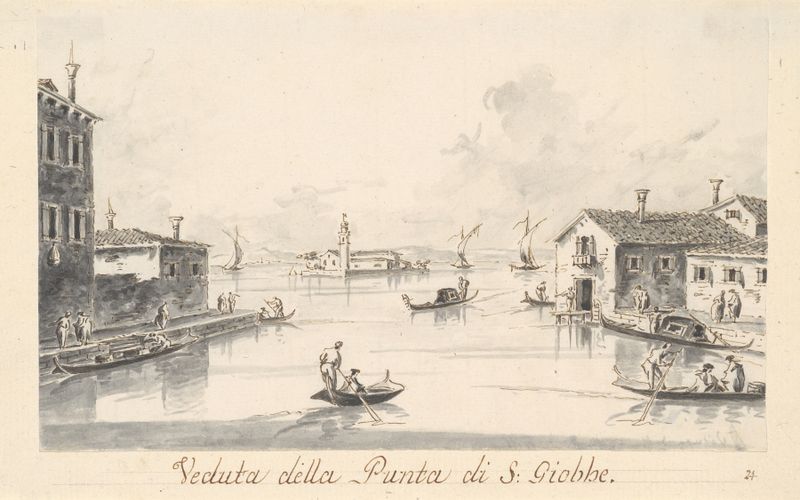 Escena marina con reflejos al atardecer, pintura al óleo de Giacomo Guardi