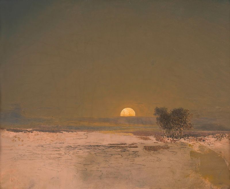 Landscape oil painting by Adalbert Stifter featuring a moonrise over rolling hills.