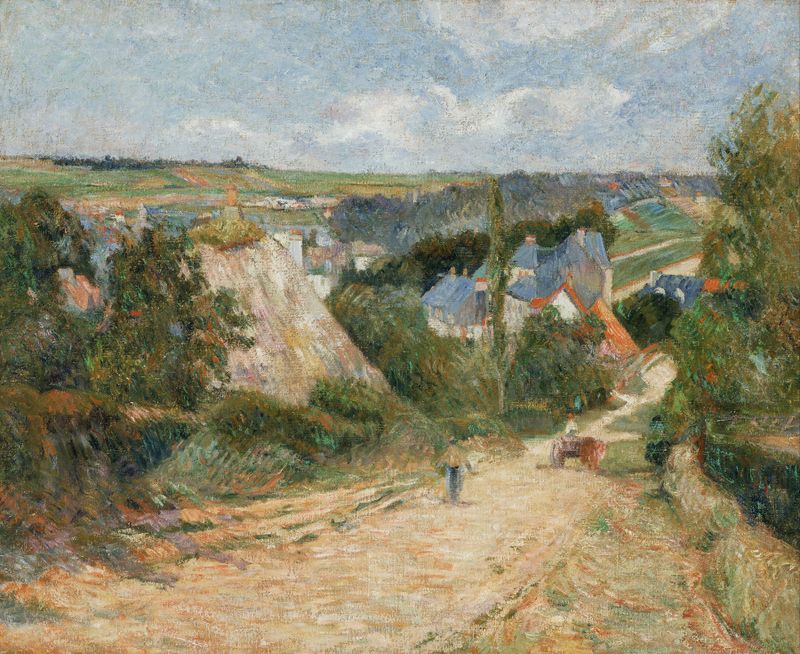Entrada al Pueblo de Osny de Paul Gauguin, óleo sobre lienzo que representa un paisaje vibrante con árboles y un camino de...