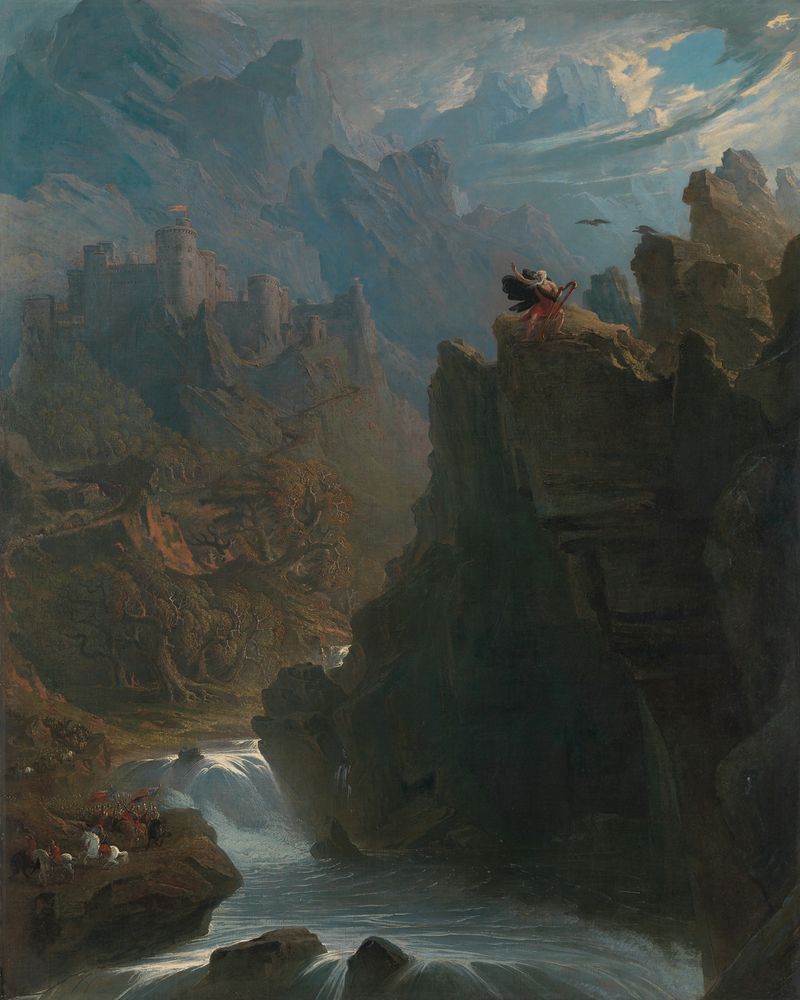 Pintura figurativa a óleo de John Martin retratando uma figura solitária ao crepúsculo