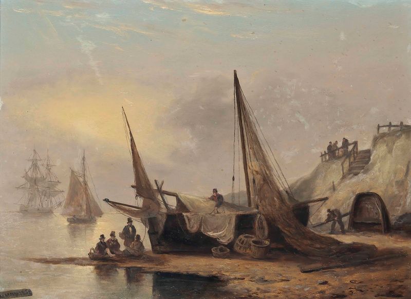 Fishermen by their boat at low tide, oil painting by Thomas Luny