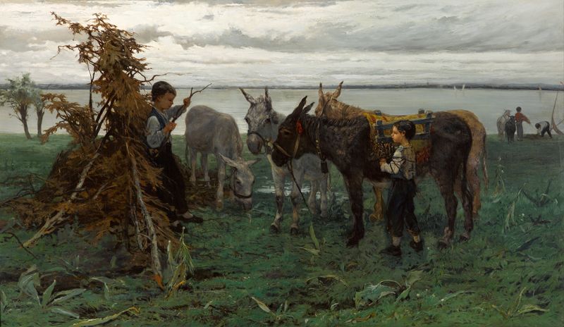 Boys herding donkeys in a sunlit landscape, oil on canvas by Willem Maris