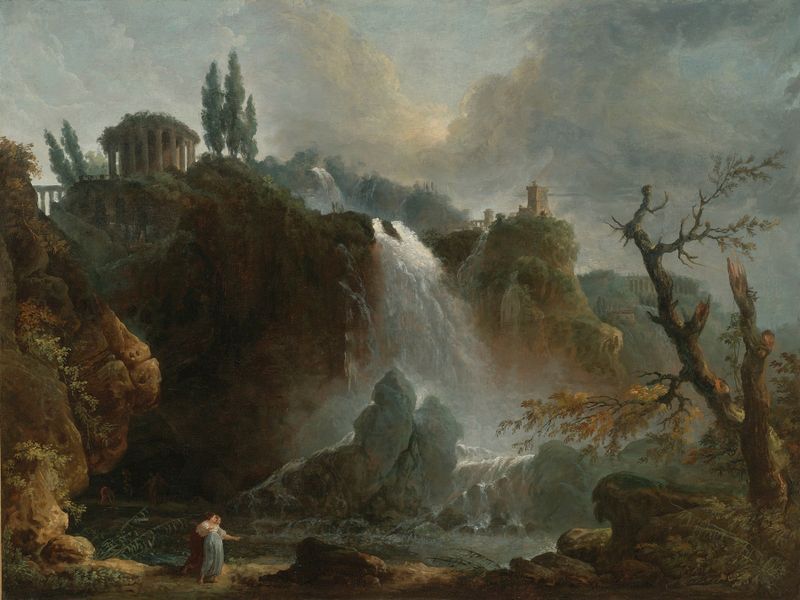 As Cascatas em Tivoli de Hubert Robert, óleo sobre tela que retrata uma paisagem serena com uma cascata.