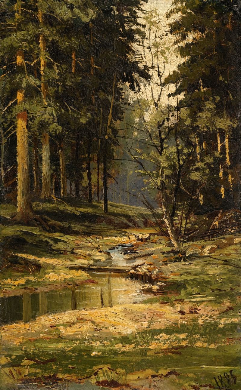 Forest Brook by Ivan Ivanovich Shishkin, oil on canvas depicting a tranquil forest scene