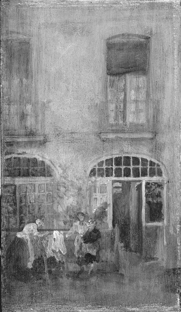 Obra de madera de James Abbott McNeill Whistler que representa un patio con tonos grises