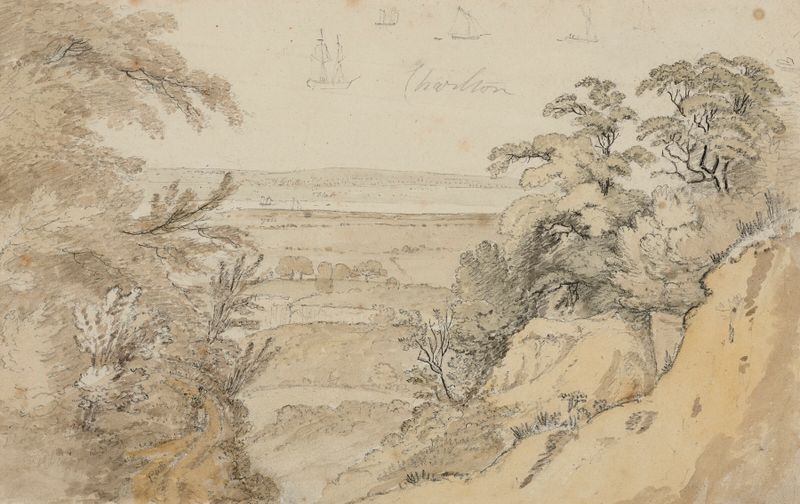 Vista de um estuário com estudos de navegação, óleo sobre tela de William Day