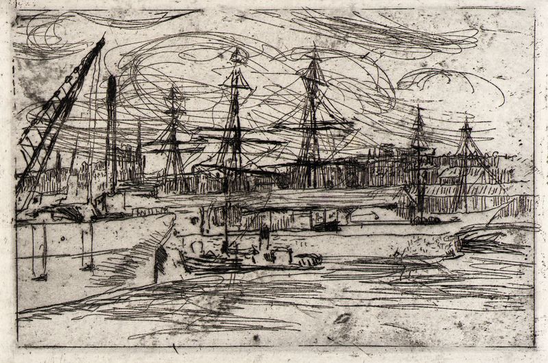 Escena marina que representa Liverpool Docks de Julian Alden Weir, pintura al óleo