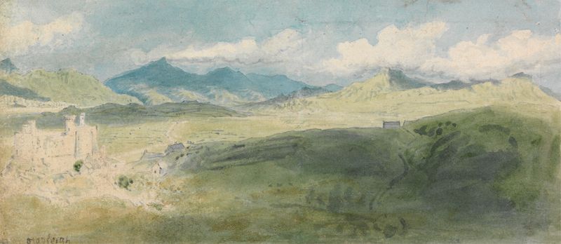 Pintura a óleo de Thomas Stothard retratando o castelo de Harlech e uma paisagem serena.