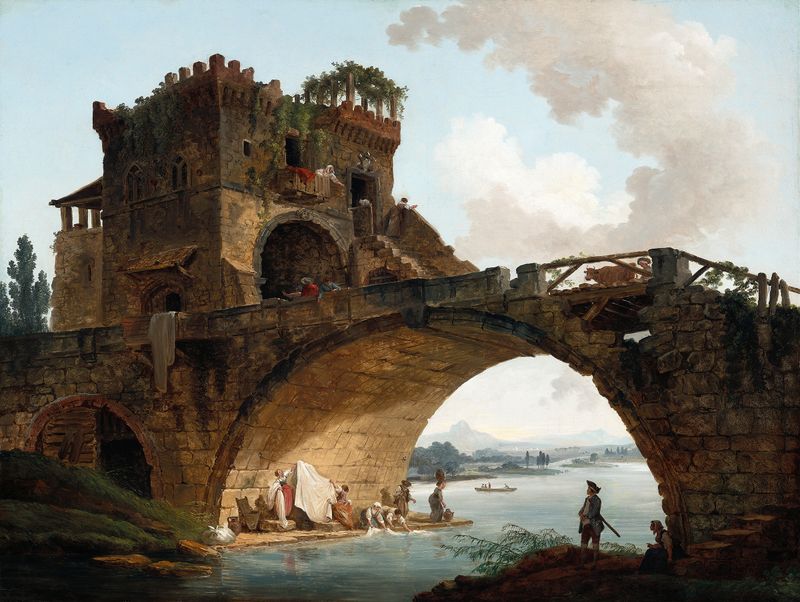 El Ponte Salario de Hubert Robert, óleo sobre lienzo, con un puente rodeado de naturaleza y luz solar.