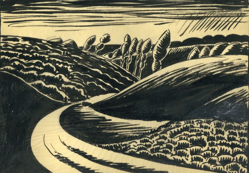 Landschap in inkt by Albert Daenens, ink on paper landscape with horizon and depth.
