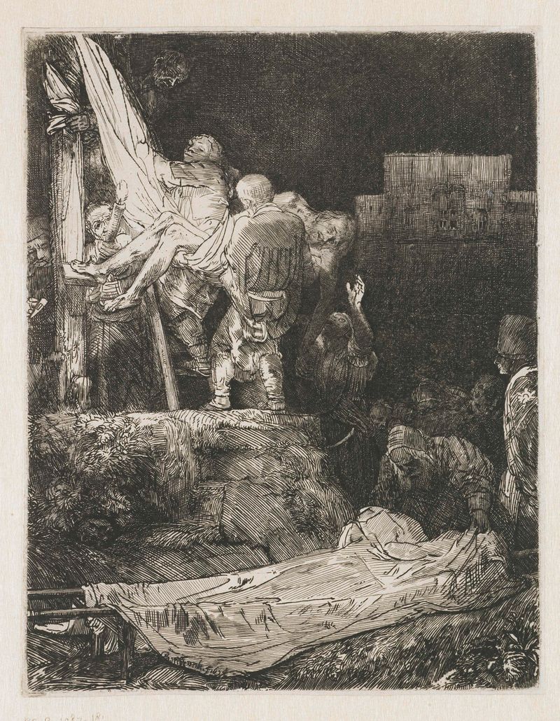 La Descida de la Cruz a la Luz de Antorchas, grabado de Rembrandt van Rijn, mostrando a Cristo bajado por figuras.