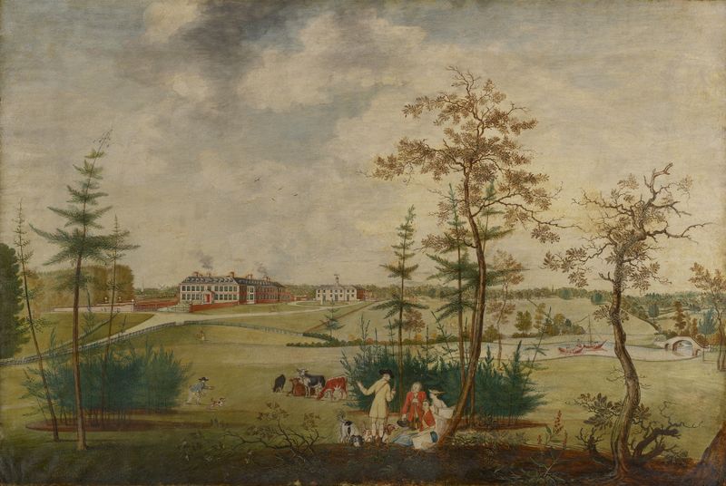 Landscape featuring a country house and trees by Thomas Robins the elder, oil painting