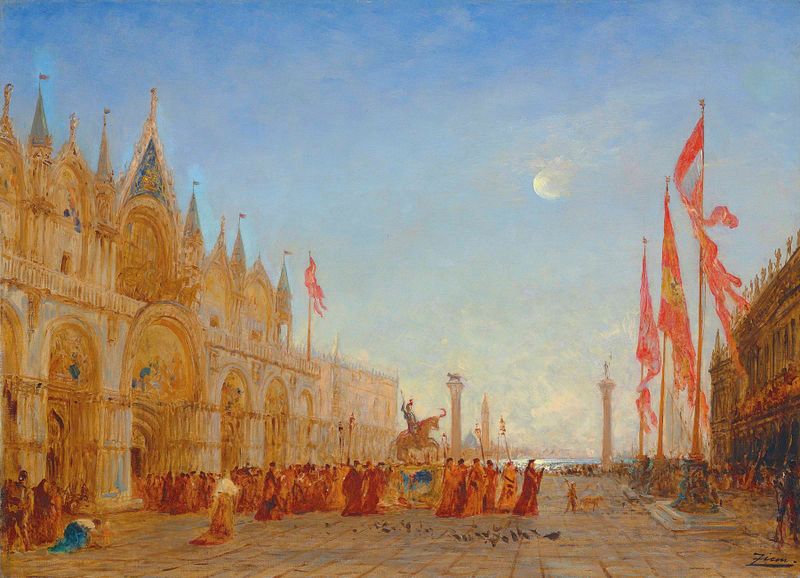 Paisagem com arquitetura e água, pintura a óleo de Félix Ziem