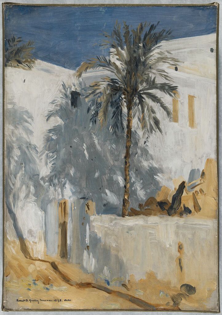 Buildings, Assouan by Robert David Gauley, oil on canvas depicting structures under a blue sky