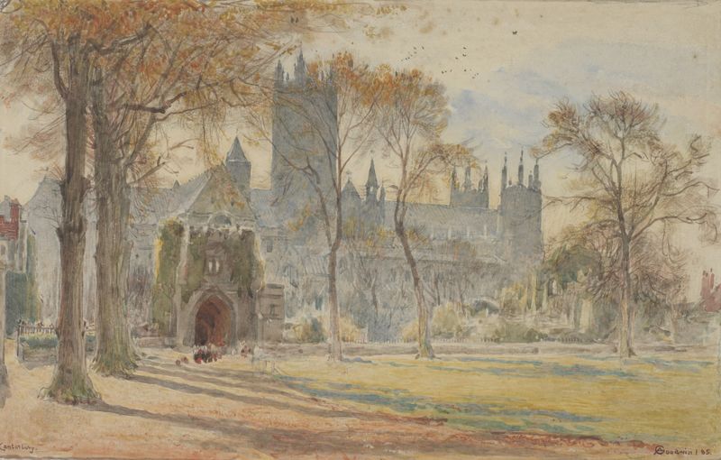 Canterbury by Albert Goodwin, watercolor on paper depicting a landscape with figures and a vibrant sky.