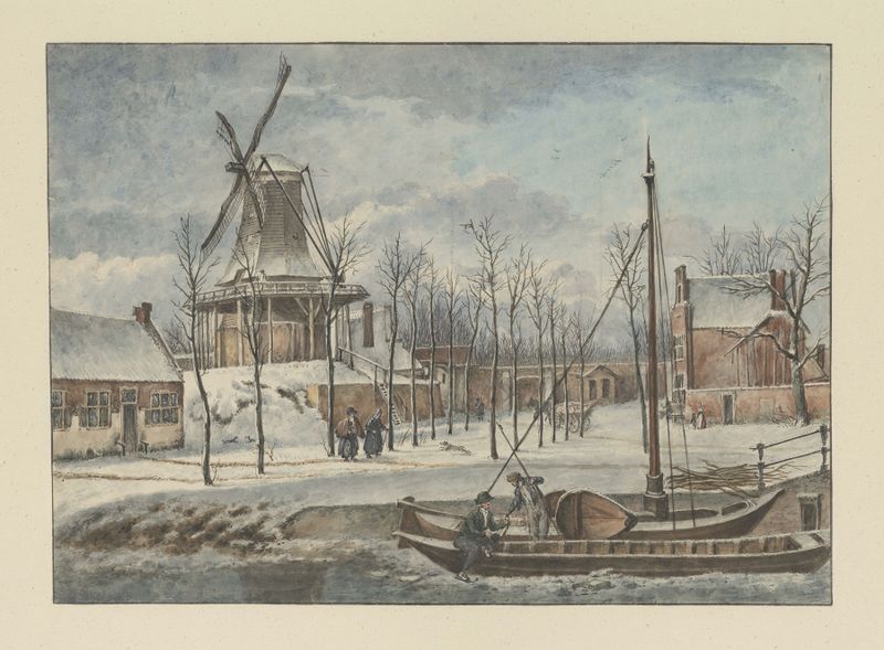 Winter landscape with snow covering houses, oil painting by Wybrand Hendriks
