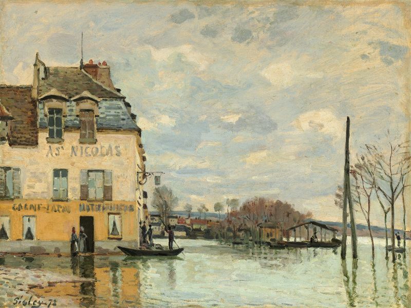 Flood at Port-Marly de Alfred Sisley, óleo sobre lienzo que representa un paisaje de río con reflejos