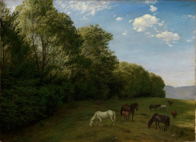 Landschaft mit weidenden Pferden by Hans Thoma, oil on canvas depicting horses in a tranquil landscape.