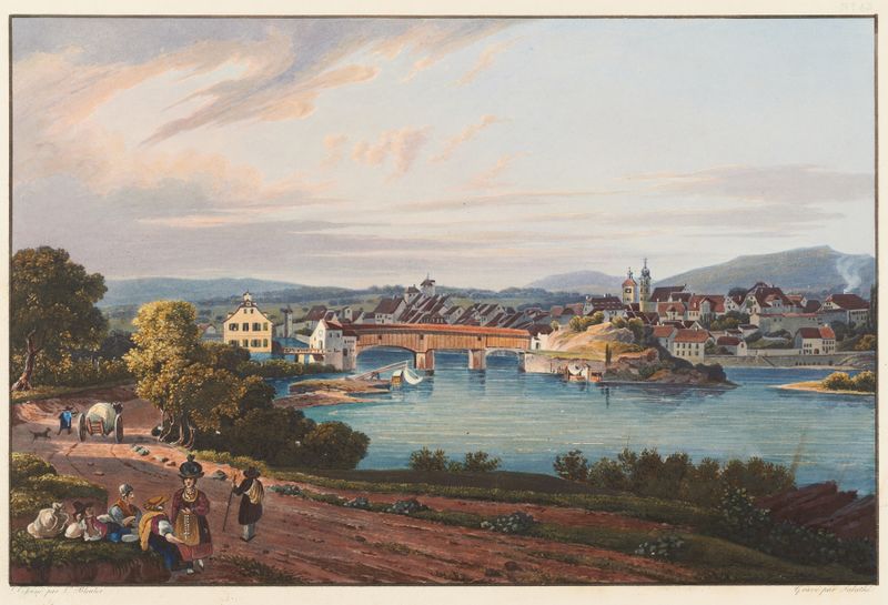 Landscape of Rheinfelden with river reflections by Johann Ludwig Bleuler