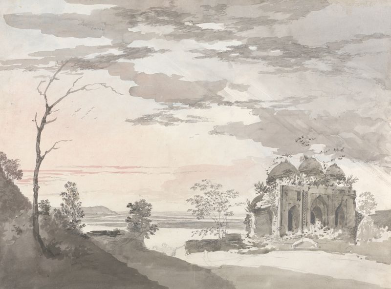 Ink on paper by William Hodges depicting an Indian landscape with cultural elements.