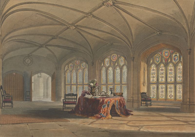 The Great Cloister, Cassiobury by John Hill, oil painting depicting intricate arches and vibrant foliage.