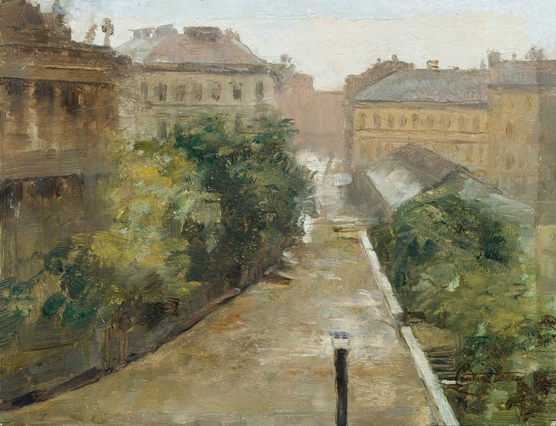 Escena interior con una ventana abierta mostrando Palais Coburg, pintura al óleo de Cecil van Haanen.