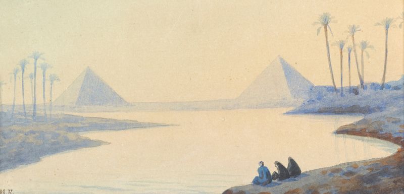 Aquarela de Ivan Bilibin representando o rio Nilo com vegetação exuberante e luz do sol.