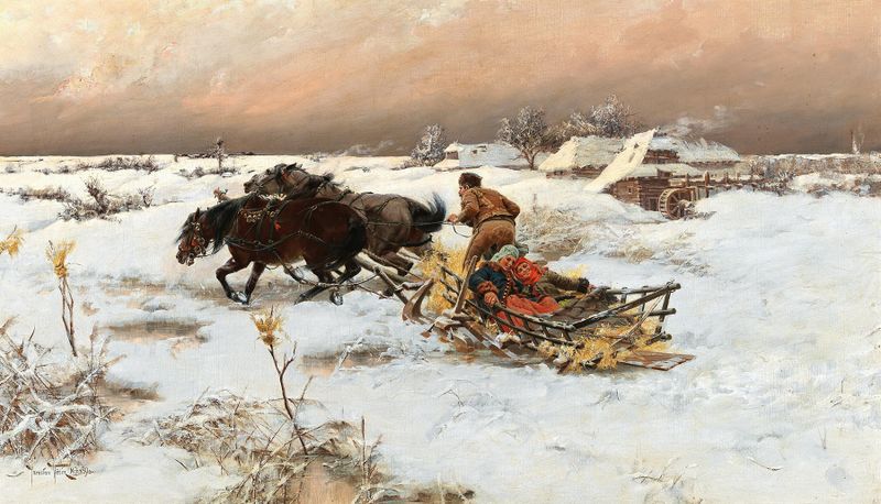 A Sleigh Ride in Winter by Jaroslav Věšín, oil on canvas depicting figures in a sleigh amidst snow.