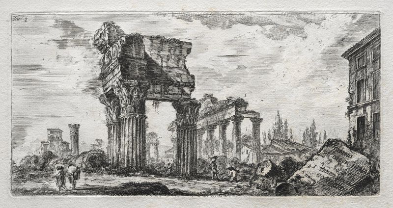 Engraving by Giovanni Battista Piranesi depicting ancient temple ruins with columns and shadows.